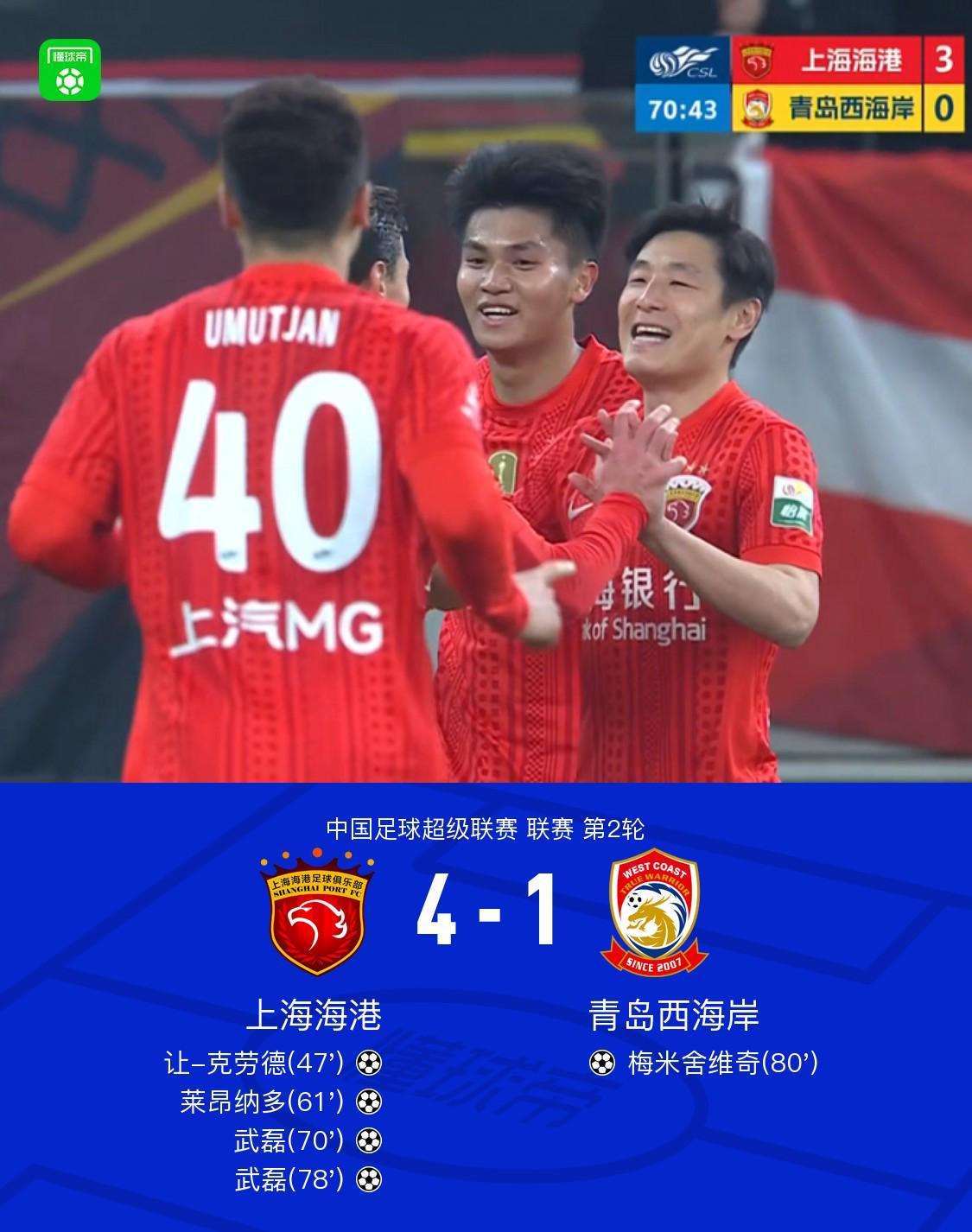 J9九游会集团-海港4-1西海岸，武磊双响，蒯纪闻送助攻，让-克劳德首球